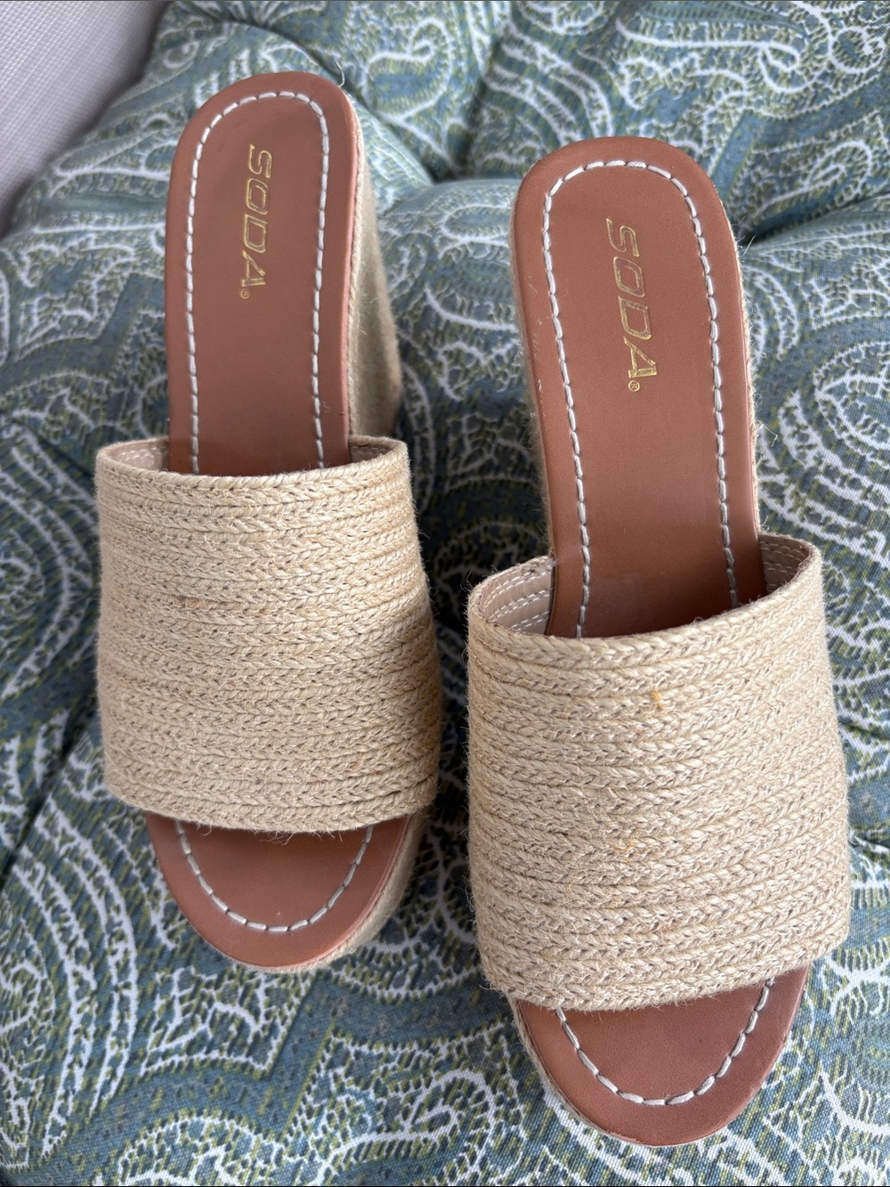 Soda Beige Woven Open-Toe Slide Sandals